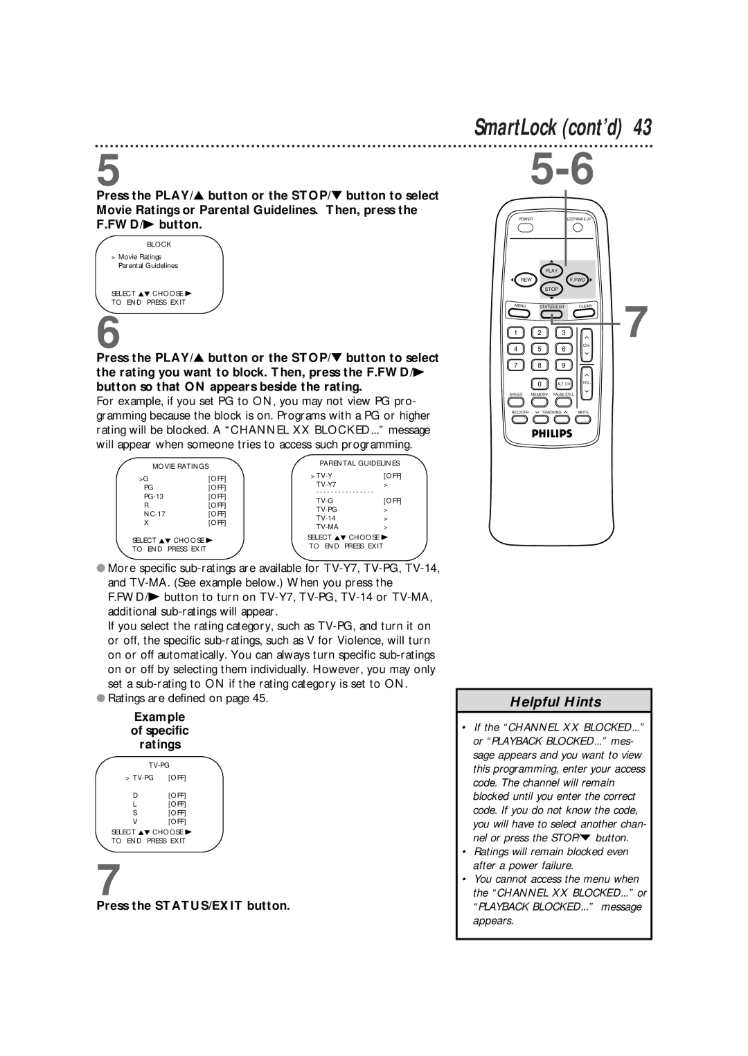 Philips CCB 192AT, CCB 132AT, CCB190AT owner manual SmartLock cont’d, Example Specific Ratings 