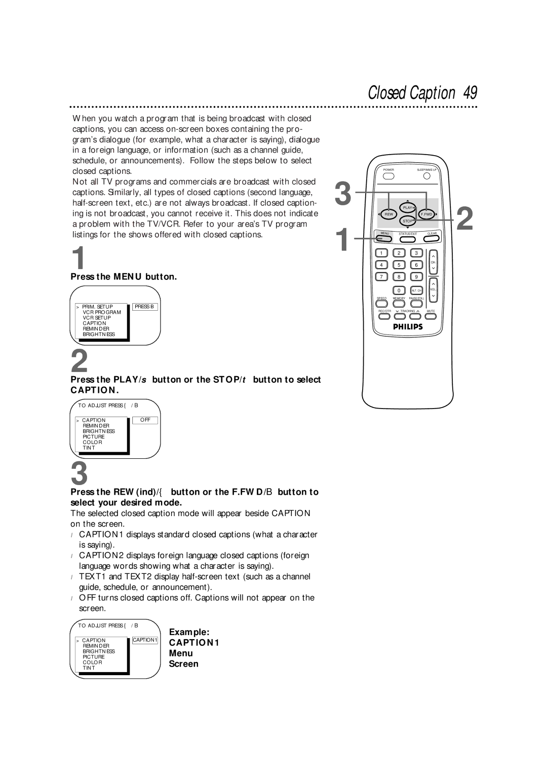 Philips CCB 192AT, CCB 132AT, CCB190AT owner manual Closed Caption, Example, Menu, Screen 