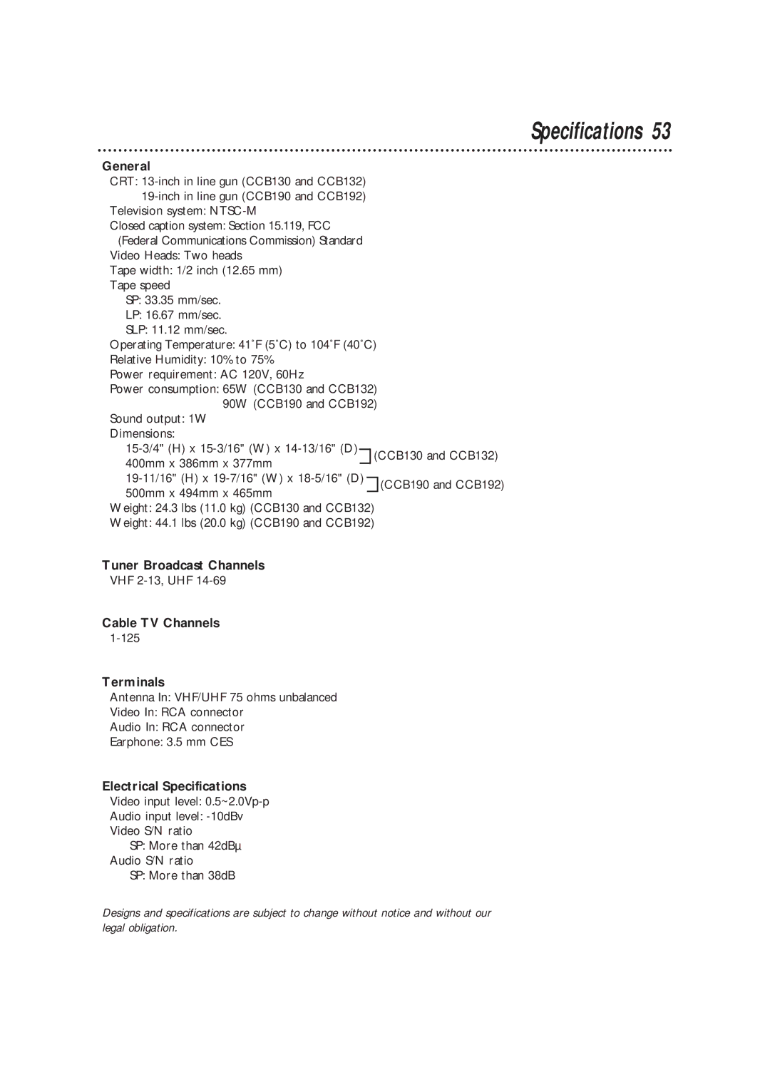 Philips CCB190AT, CCB 132AT, CCB 192AT owner manual Specifications 