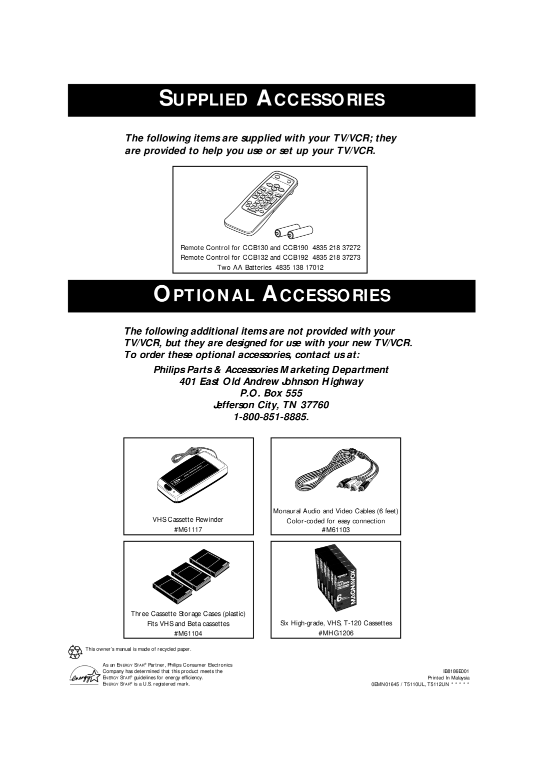 Philips CCB 132AT, CCB 192AT, CCB190AT owner manual Supplied Accessories 