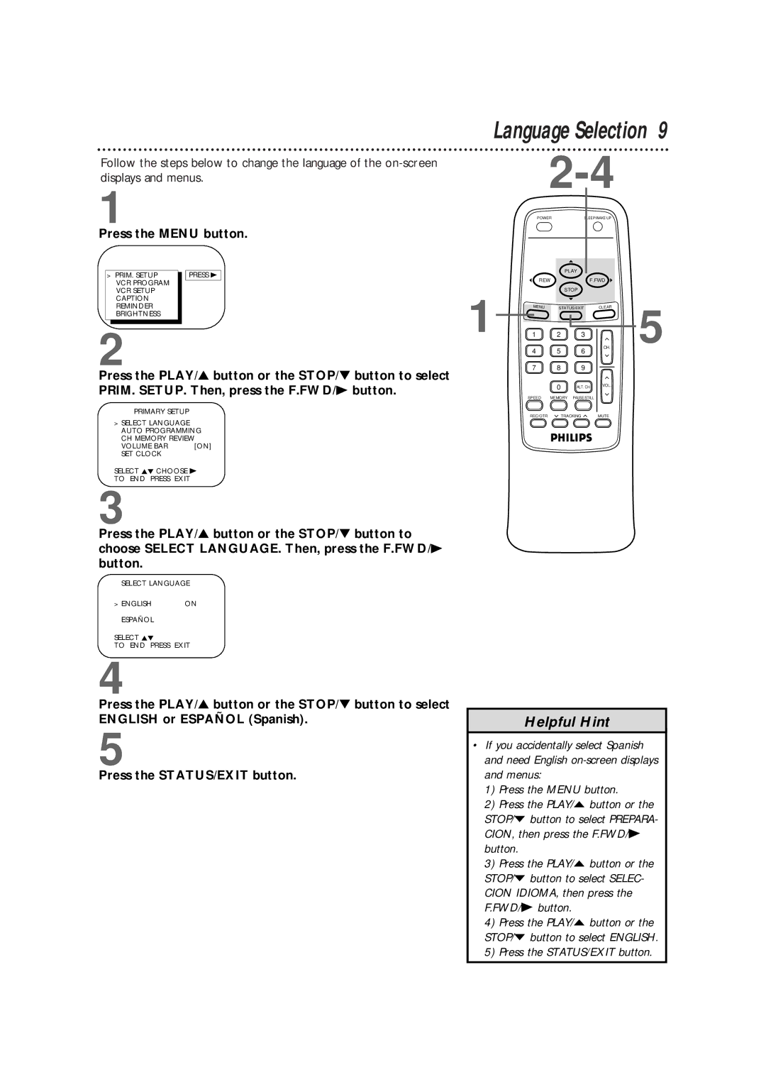 Philips CCB 132AT, CCB 192AT, CCB190AT owner manual Language Selection, Press the Menu button 