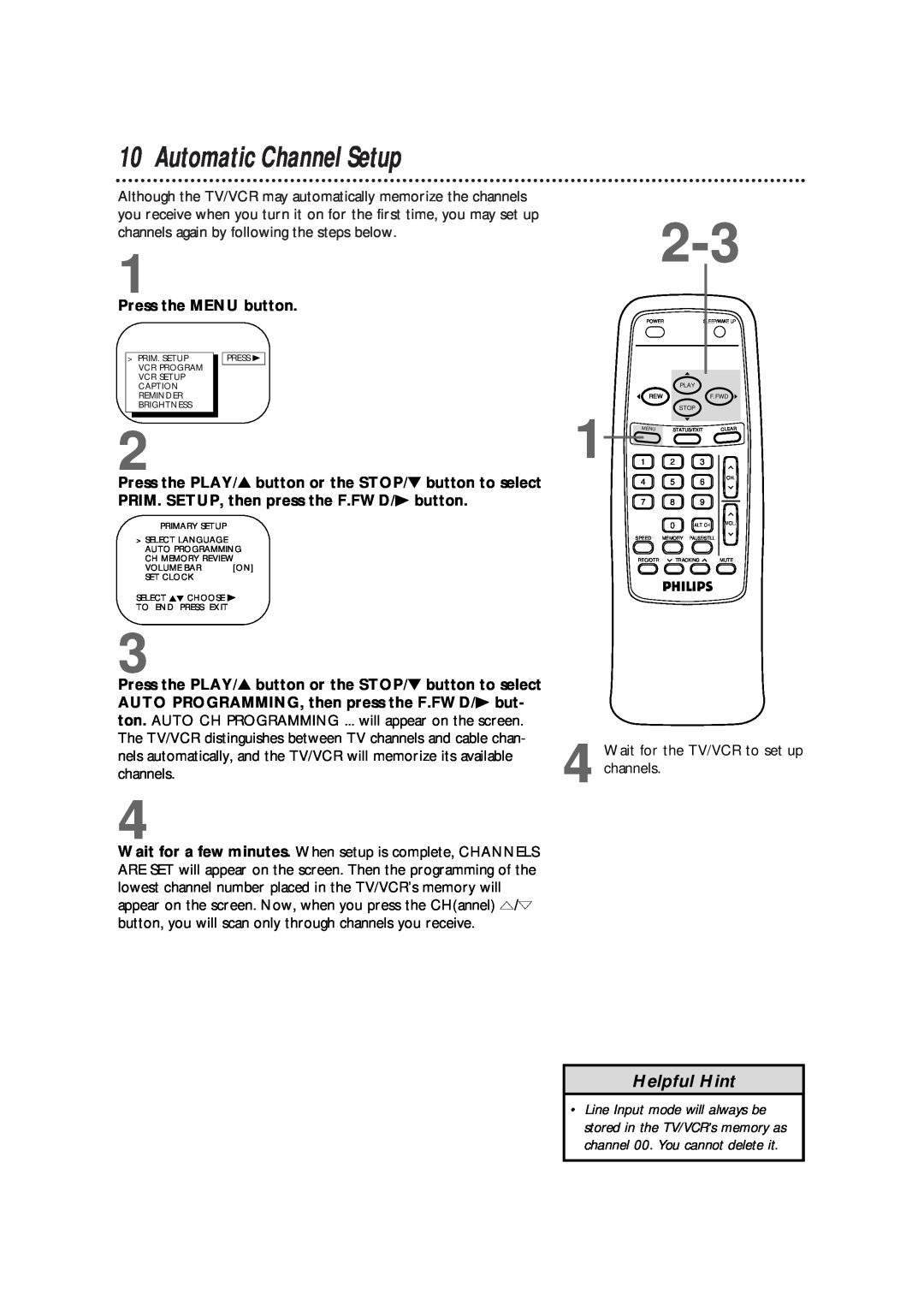 Philips CCB 192AT, CCB 132AT, CCB190AT owner manual Automatic Channel Setup, Helpful Hint, Wait for the TV/VCR to set up 