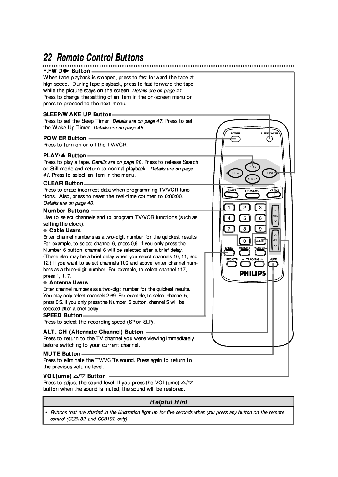 Philips CCB 192AT, CCB 132AT, CCB190AT owner manual Remote Control Buttons, Helpful Hint, Play Rewf.Fwd Stop 