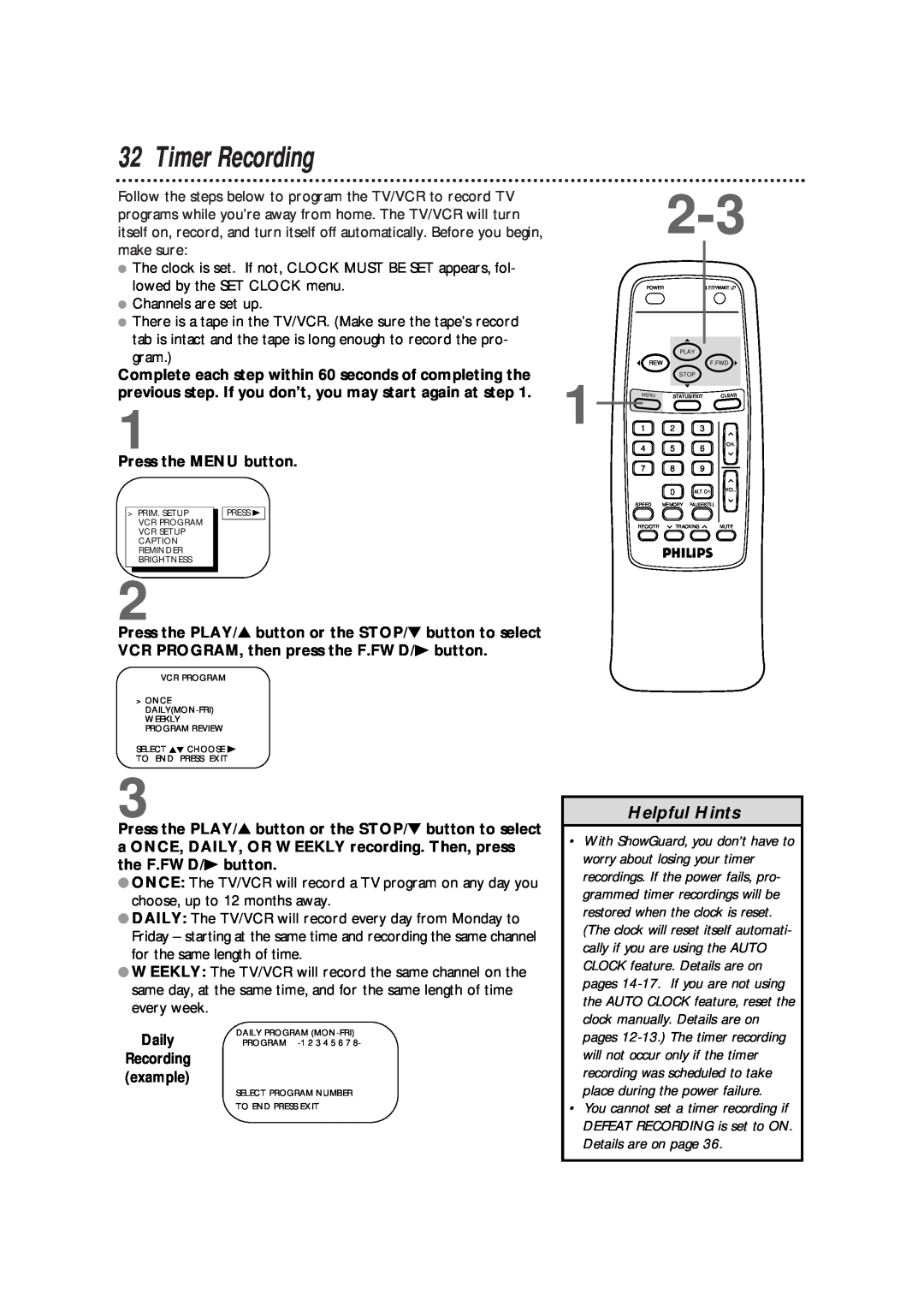 Philips CCB190AT, CCB 132AT, CCB 192AT owner manual Timer Recording, Helpful Hints, Recording example 