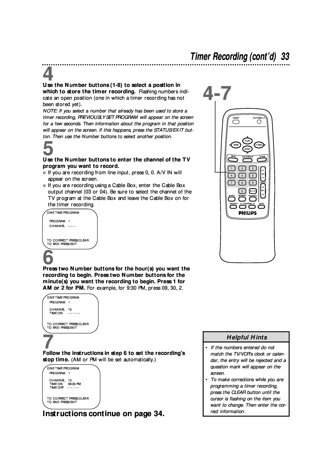 Philips CCB 132AT, CCB 192AT Timer Recording cont’d, Instructions continue on page, Helpful Hints, rect information 