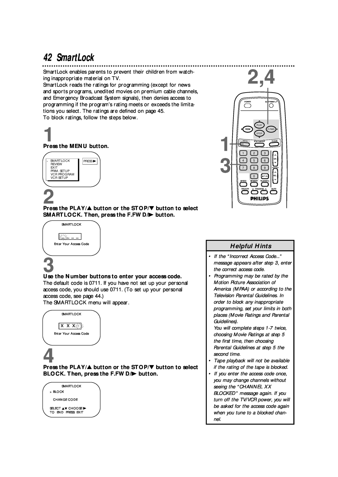 Philips CCB 132AT SmartLock, Helpful Hints, To block ratings, follow the steps below, The SMARTLOCK menu will appear 