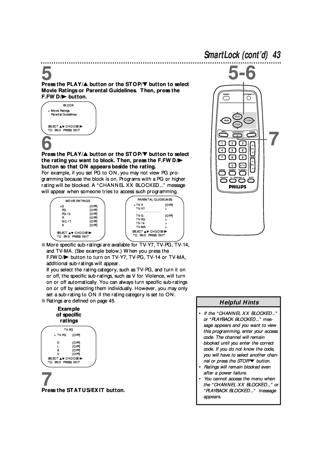 Philips CCB 192AT, CCB 132AT, CCB190AT owner manual SmartLock cont’d, Helpful Hints, Ratings are defined on page, appears 