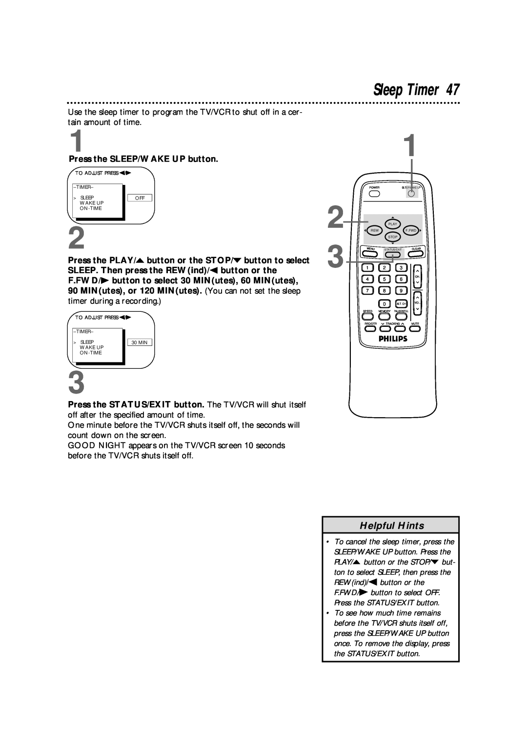 Philips CCB190AT, CCB 132AT, CCB 192AT owner manual Sleep Timer, Helpful Hints, the STATUS/EXIT button 