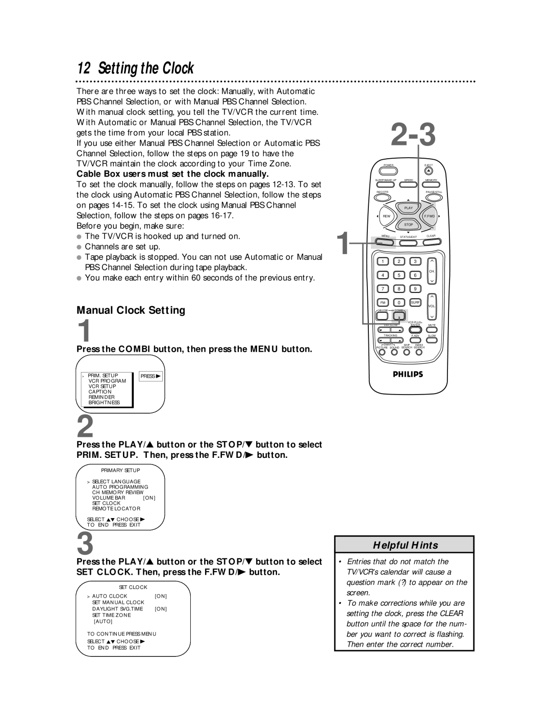 Philips CCB 134AT, CCB 194AT Setting the Clock, Manual Clock Setting, Cable Box users must set the clock manually 