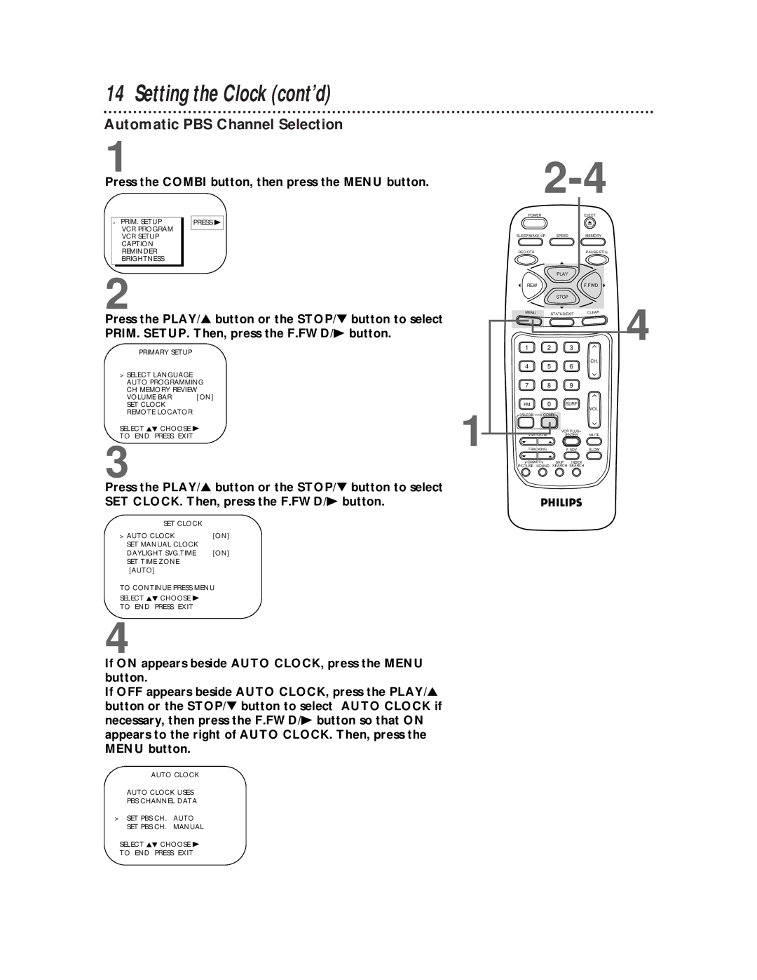 Philips CCB 134AT, CCB 194AT owner manual Setting the Clock cont’d, Automatic PBS Channel Selection 