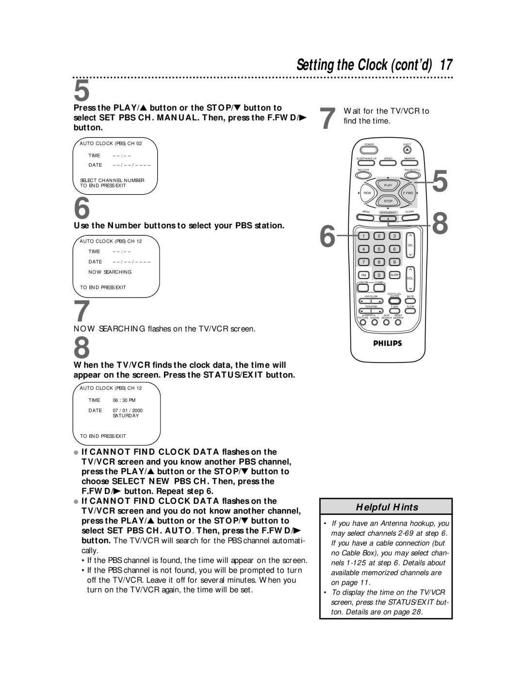 Philips CCB 194AT, CCB 134AT Use the Number buttons to select your PBS station, Wait for the TV/VCR to find the time 