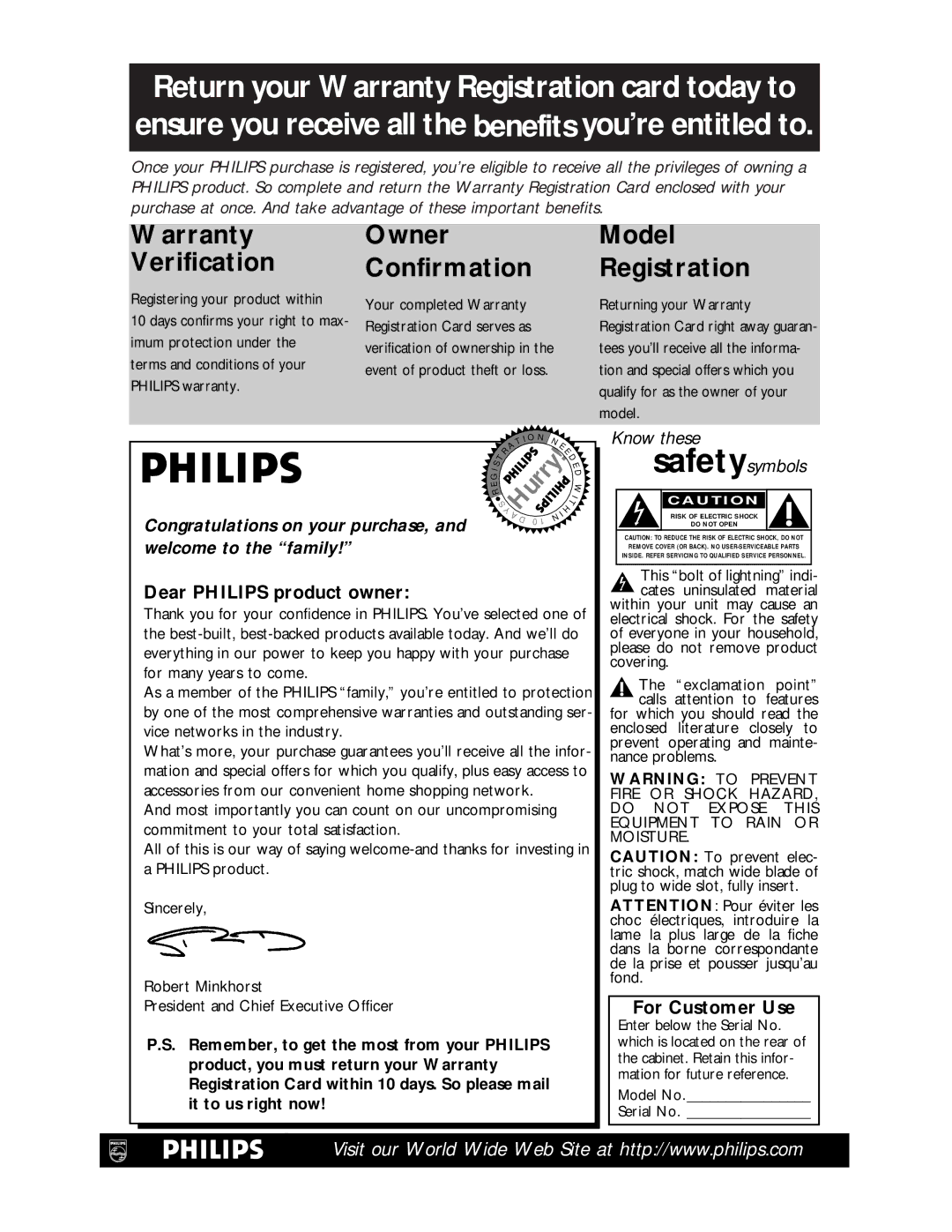 Philips CCB 134AT Dear Philips product owner, For Customer Use, This bolt of lightning indi- cates uninsulated material 