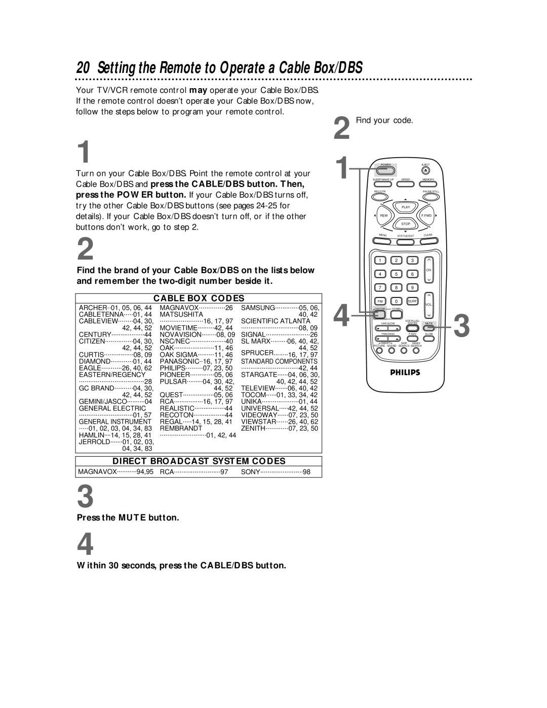 Philips CCB 134AT, CCB 194AT owner manual Setting the Remote to Operate a Cable Box/DBS, Press the Mute button 