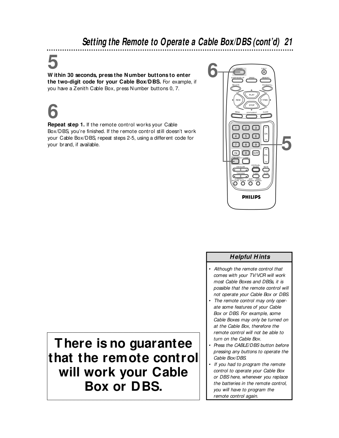 Philips CCB 194AT, CCB 134AT owner manual Setting the Remote to Operate a Cable Box/DBS cont’d 