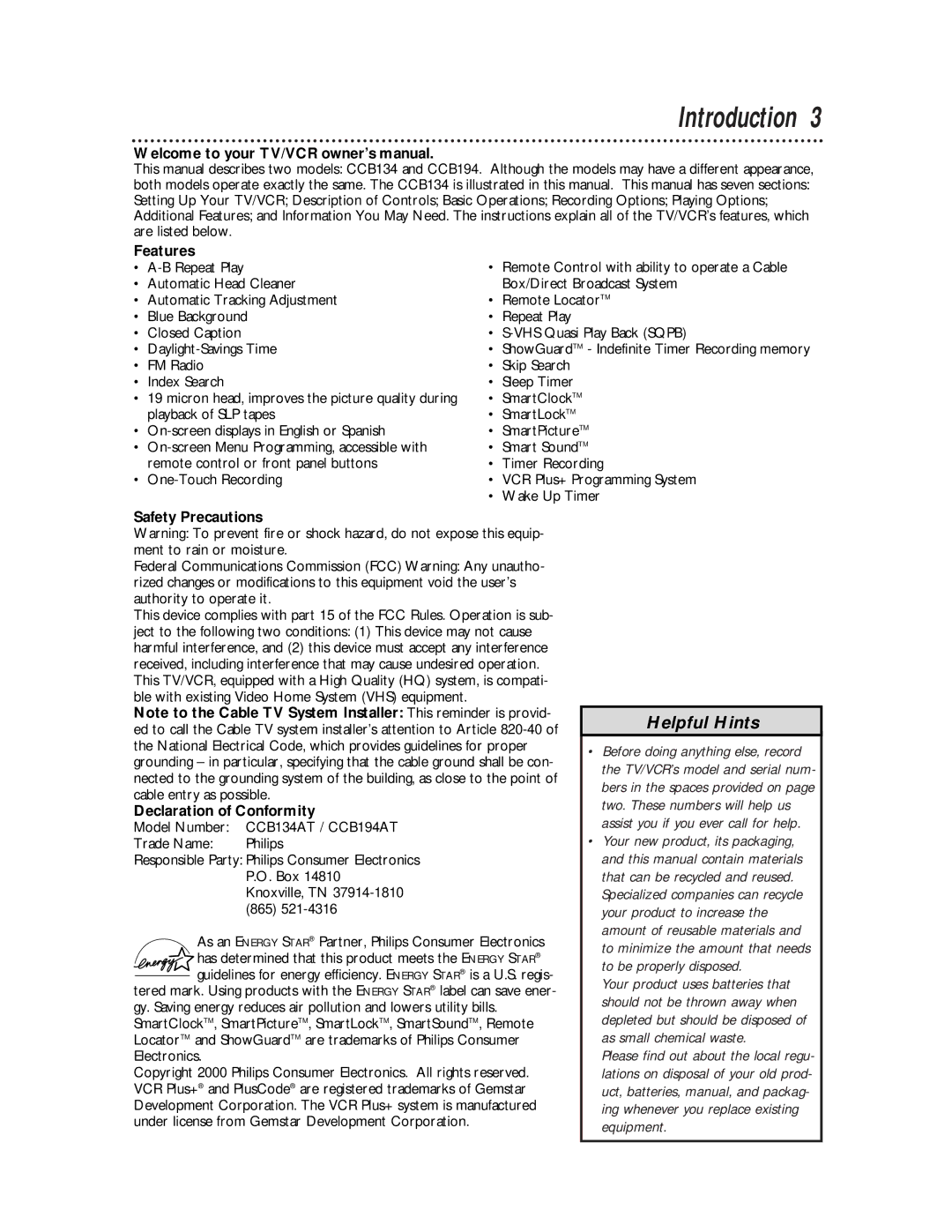 Philips CCB 194AT, CCB 134AT owner manual Introduction, Features, Safety Precautions, Declaration of Conformity 