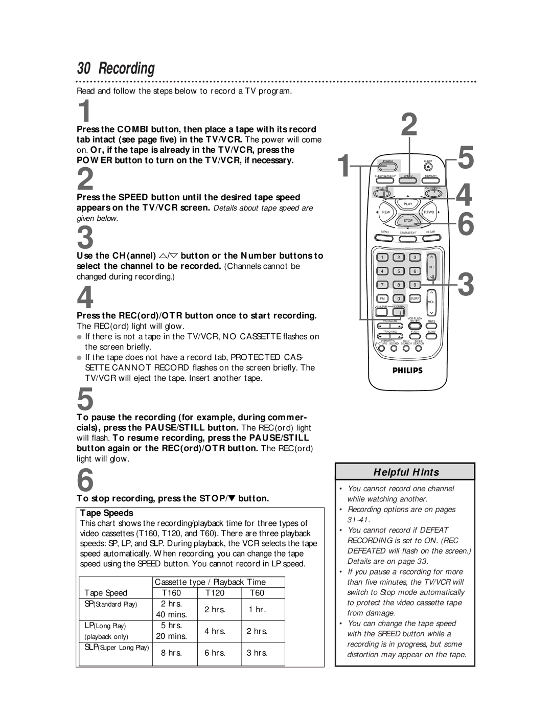 Philips CCB 134AT, CCB 194AT owner manual Recording, Power button to turn on the TV/VCR, if necessary 