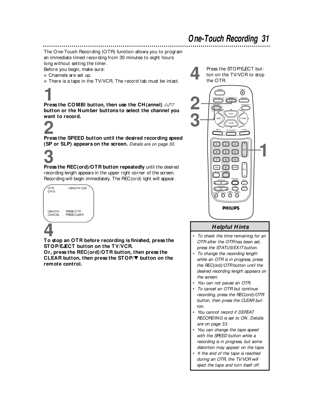 Philips CCB 194AT, CCB 134AT owner manual One-Touch Recording, Otr 