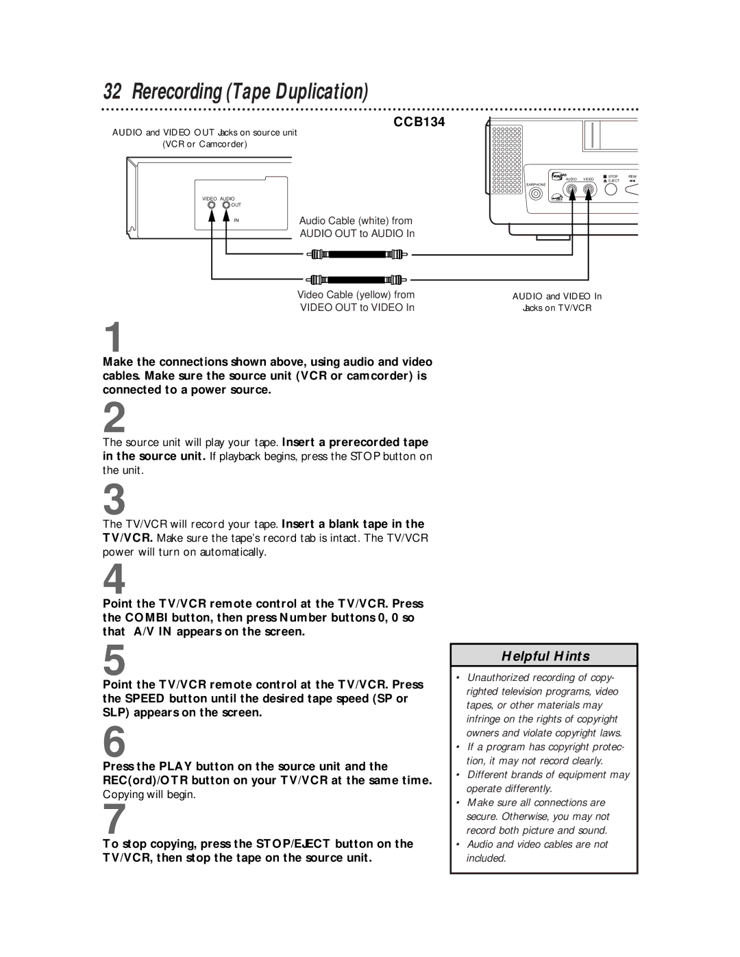 Philips CCB 134AT, CCB 194AT Rerecording Tape Duplication, Different brands of equipment may operate differently 