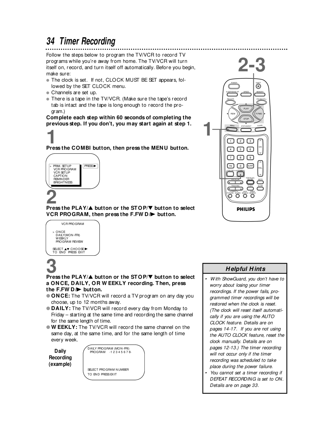 Philips CCB 134AT, CCB 194AT owner manual Timer Recording, Lowed by the SET Clock menu, Daily 