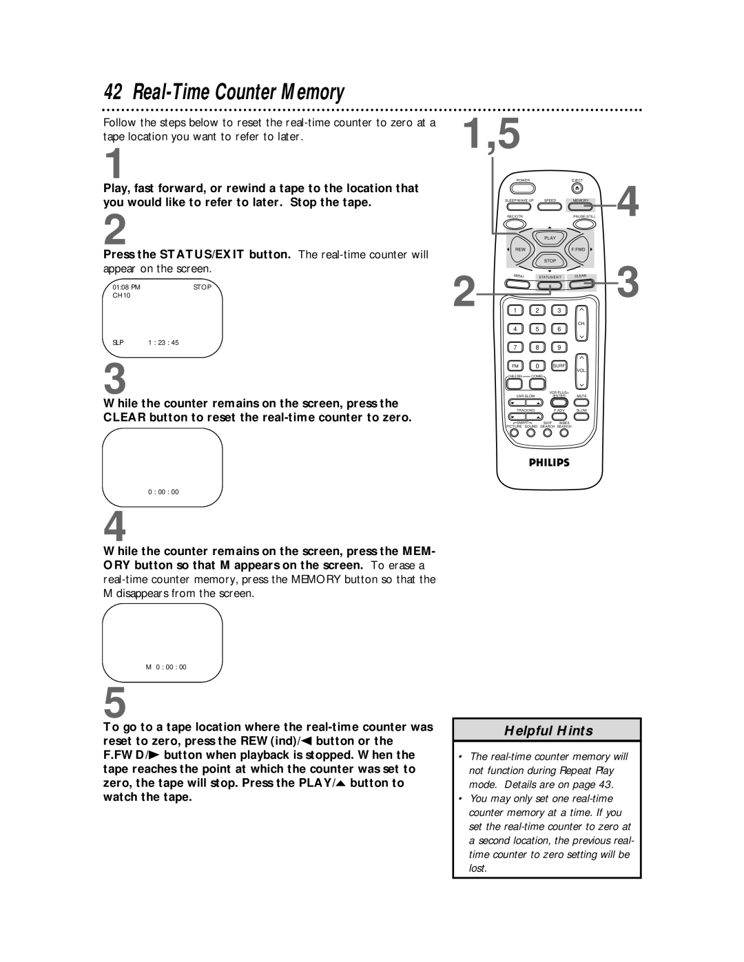 Philips CCB 134AT, CCB 194AT owner manual Real-Time Counter Memory, Appear on the screen 