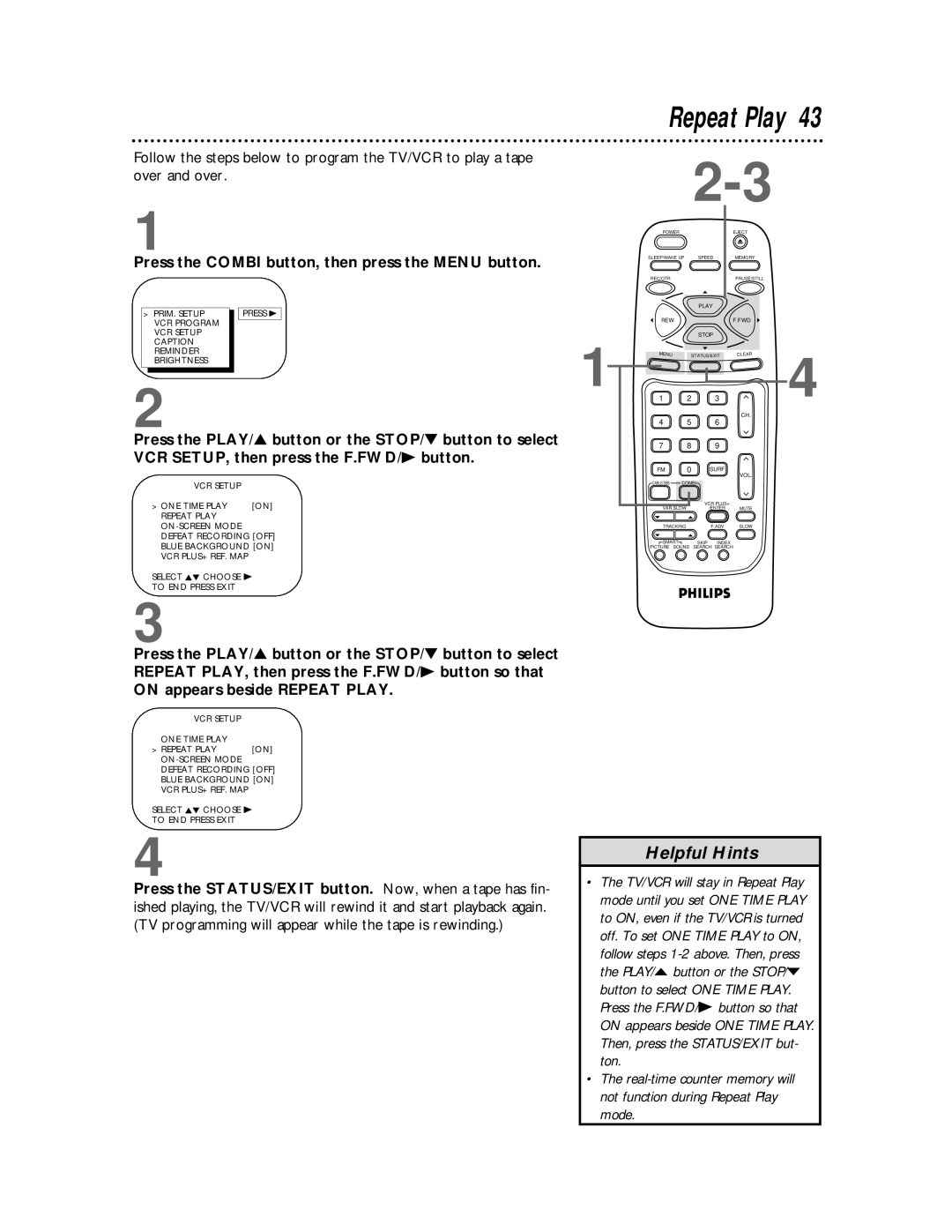 Philips CCB 194AT, CCB 134AT owner manual Repeat Play, ON-SCREEN Mode Defeat Recording OFF 