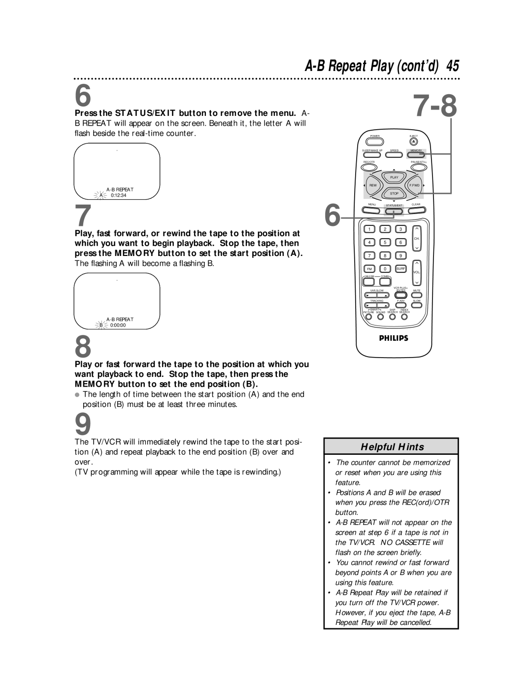 Philips CCB 194AT, CCB 134AT owner manual Repeat Play cont’d, Flashing a will become a flashing B 