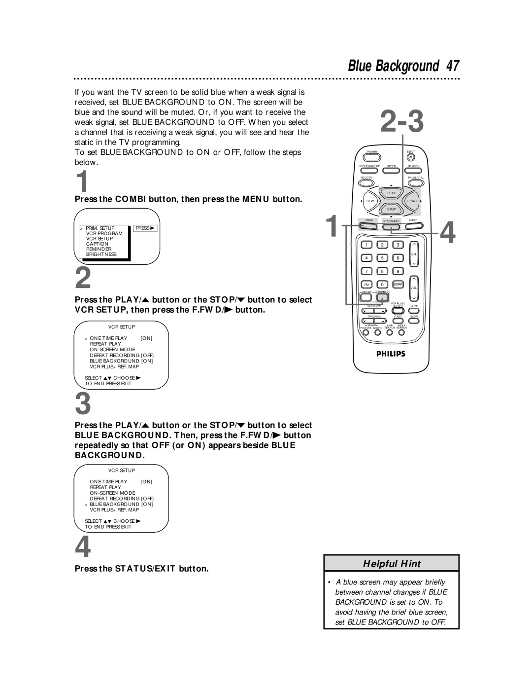 Philips CCB 194AT, CCB 134AT owner manual Blue Background, Press the Combi button, then press the Menu button 