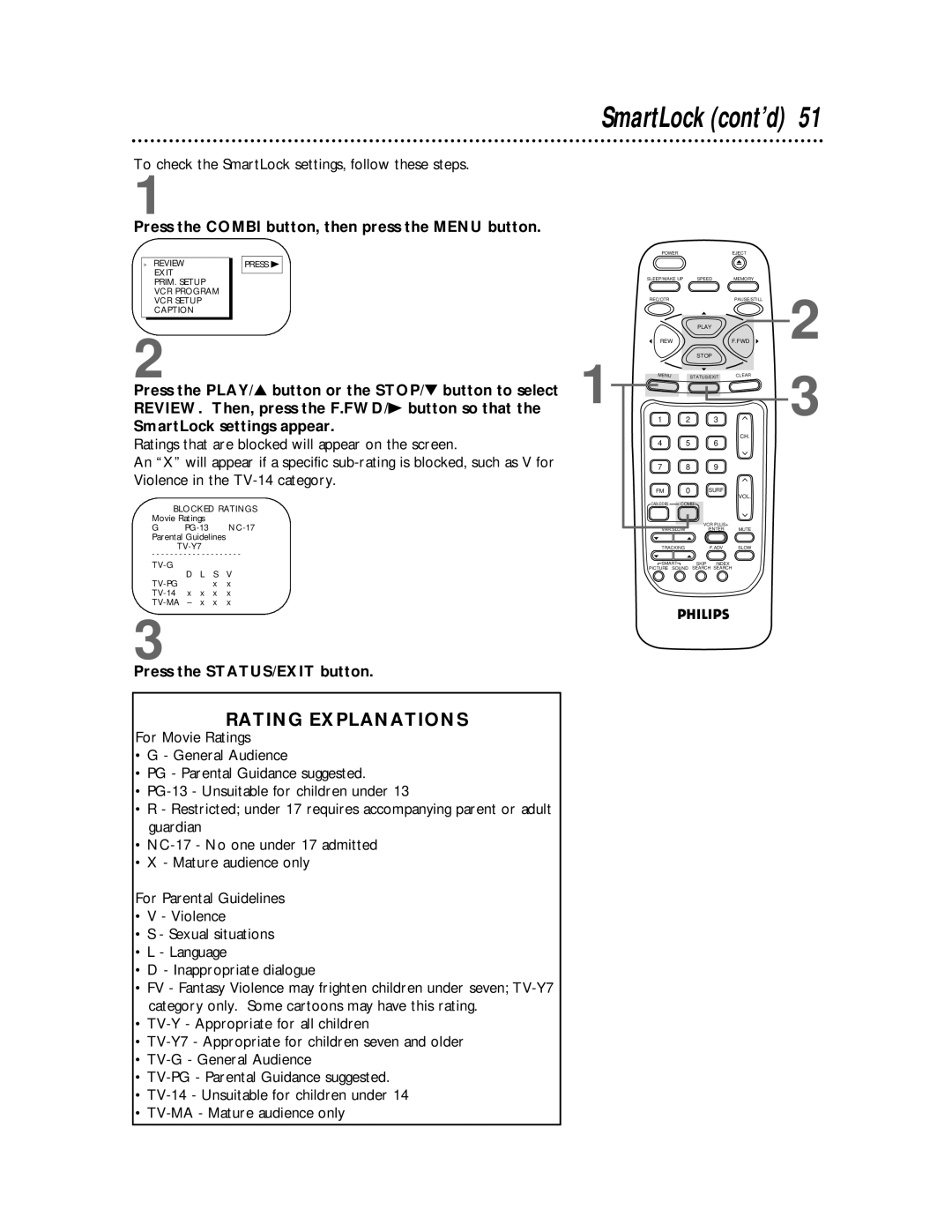 Philips CCB 194AT, CCB 134AT owner manual To check the SmartLock settings, follow these steps, TV-Y7 