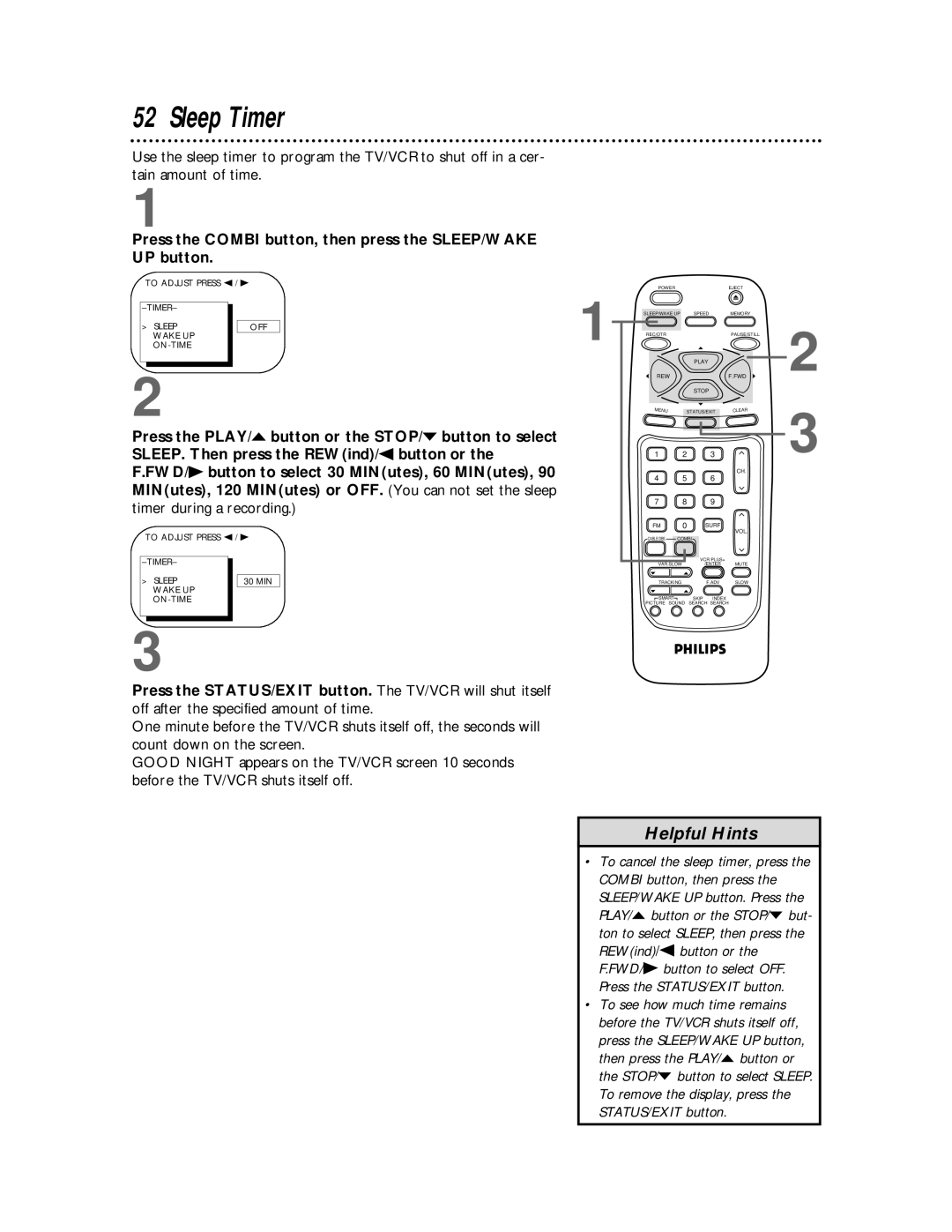 Philips CCB 134AT Sleep Timer, Press the Combi button, then press the SLEEP/WAKE UP button, Timer during a recording 