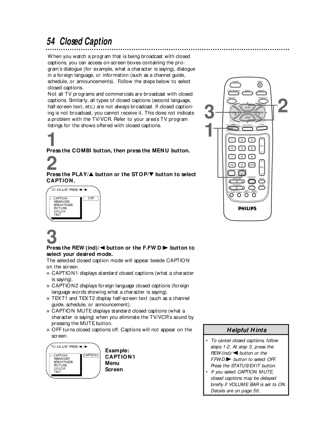 Philips CCB 134AT, CCB 194AT owner manual Closed Caption, Example, Menu, Screen 