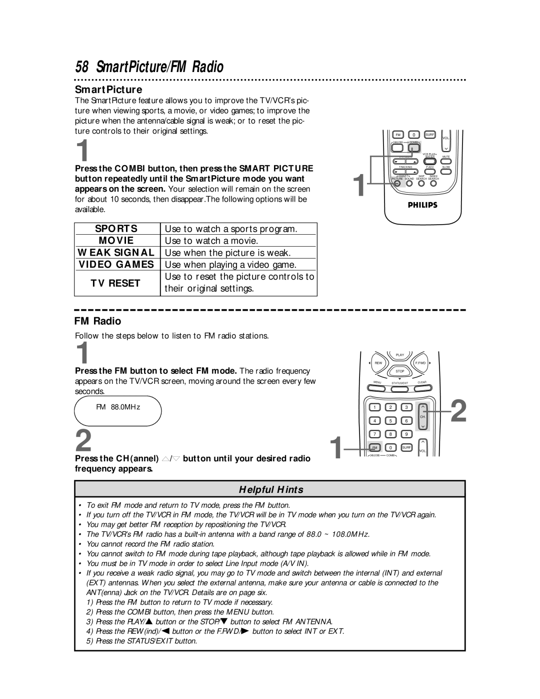 Philips CCB 134AT, CCB 194AT owner manual SmartPicture/FM Radio, Follow the steps below to listen to FM radio stations 