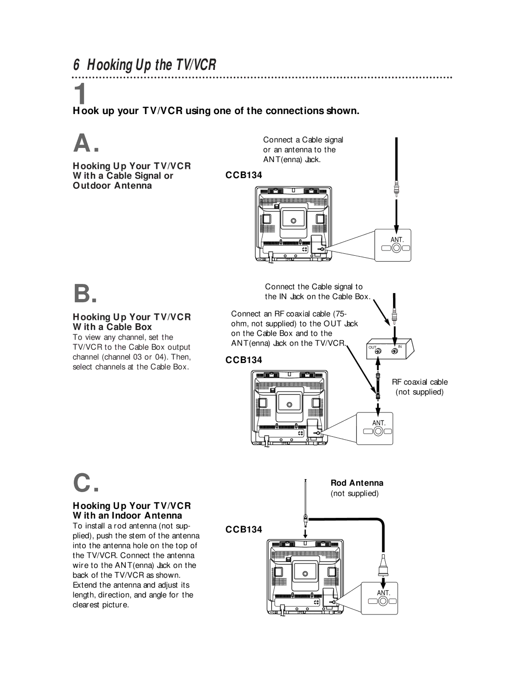 Philips CCB 134AT, CCB 194AT Hooking Up the TV/VCR, Hook up your TV/VCR using one of the connections shown, Rod Antenna 