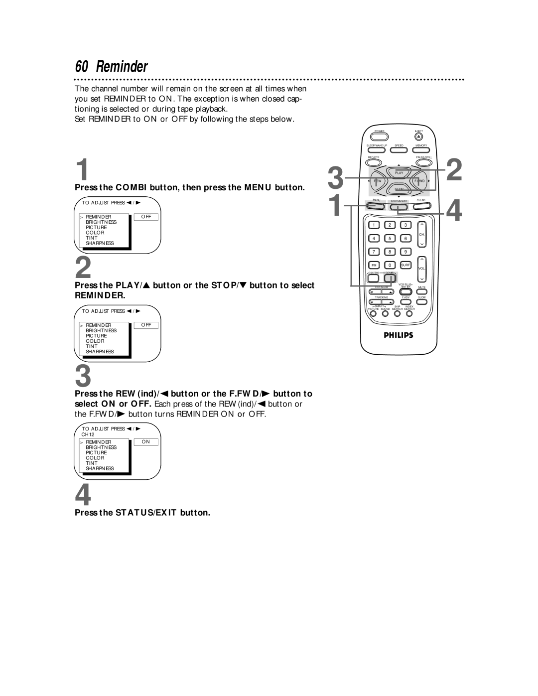 Philips CCB 134AT, CCB 194AT owner manual Reminder, Press the Combi button, then press the Menu button 