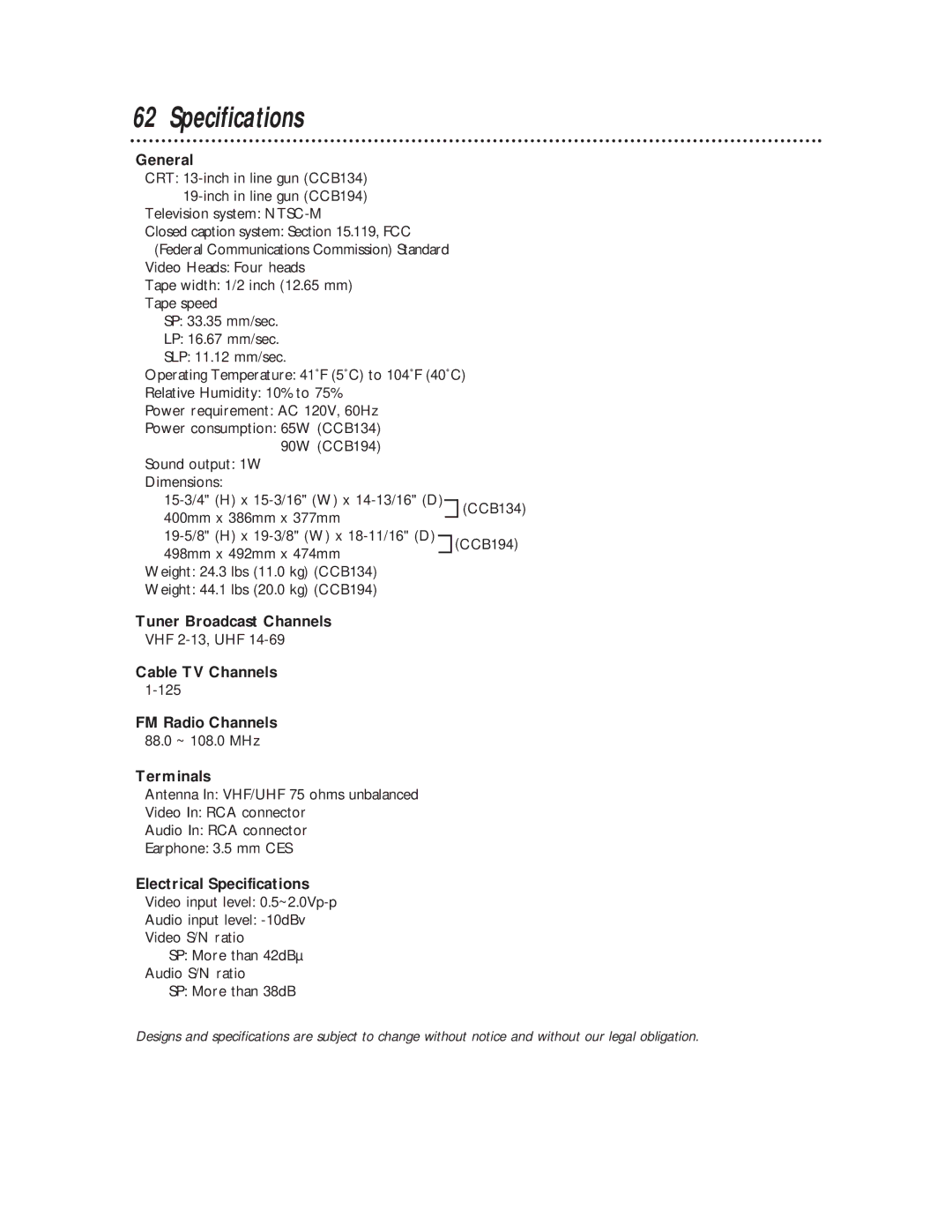 Philips CCB 134AT, CCB 194AT owner manual Specifications 