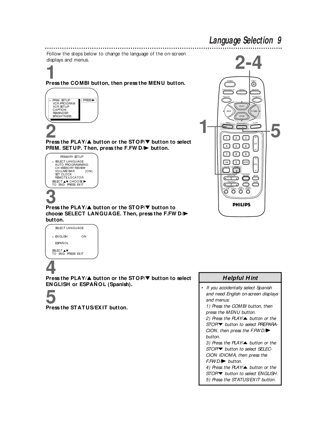 Philips CCB 194AT, CCB 134AT owner manual Language Selection, Press the Combi button, then press the Menu button 