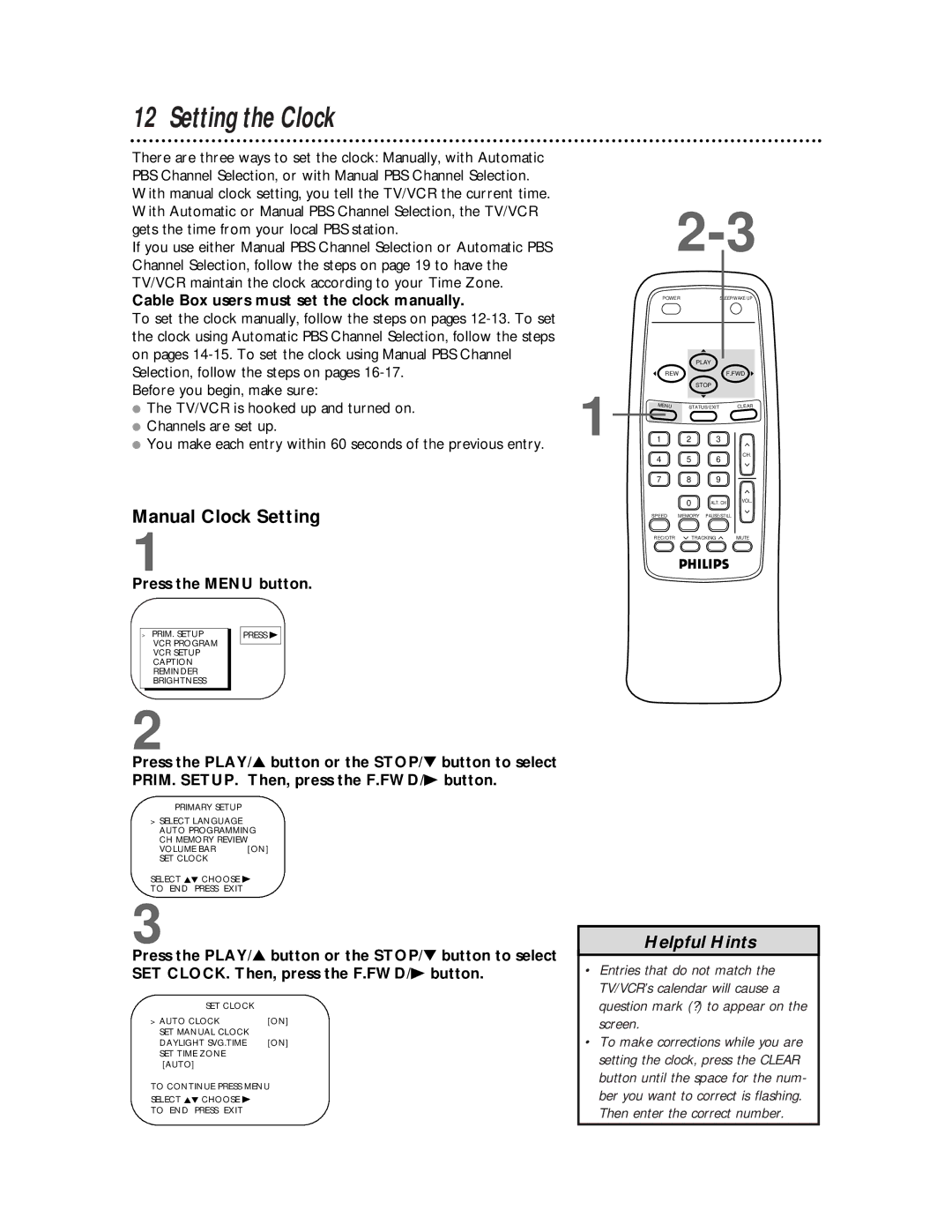 Philips CCB 252AT owner manual Setting the Clock, Manual Clock Setting, Cable Box users must set the clock manually 