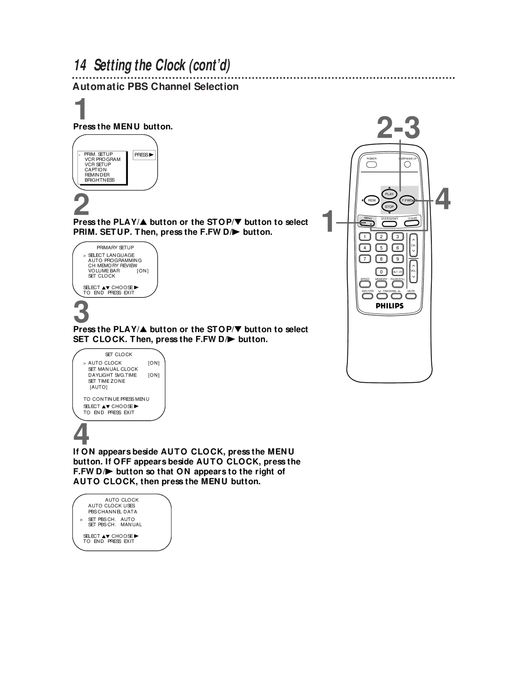 Philips CCB 252AT owner manual Setting the Clock cont’d, Automatic PBS Channel Selection 