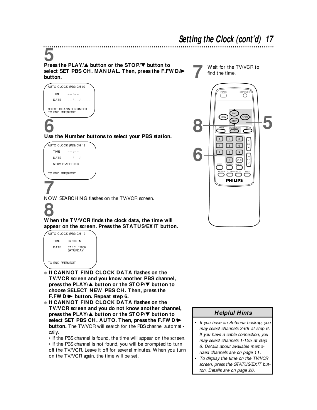 Philips CCB 252AT Press the PLAY/ button or the STOP/ button to, Select SET PBS CH. MANUAL. Then, press the F.FWD/B 