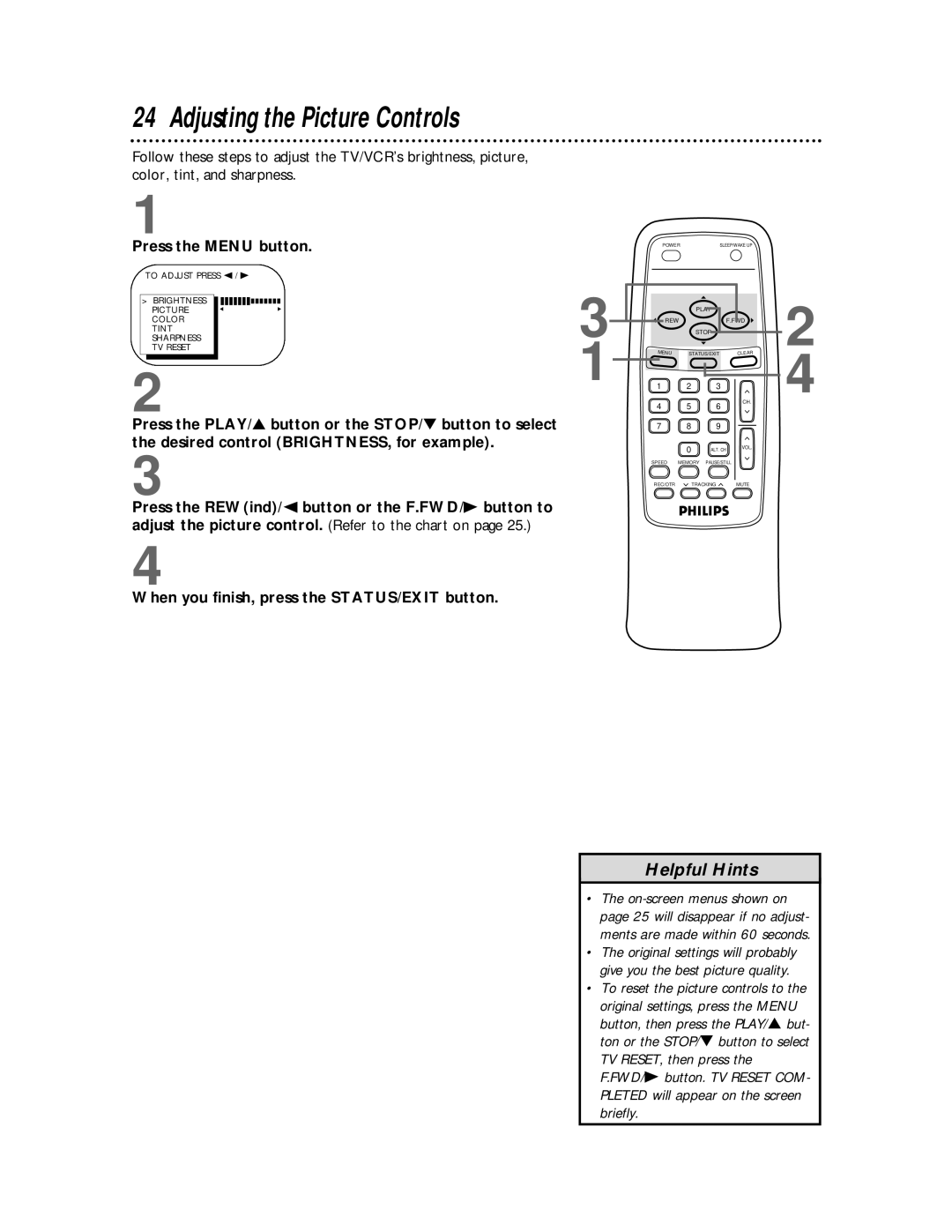 Philips CCB 252AT owner manual Adjusting the Picture Controls, Press the Menu button 