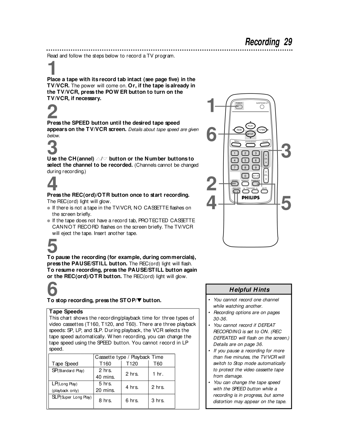 Philips CCB 252AT owner manual Recording, To stop recording, press the STOP/ button Tape Speeds 