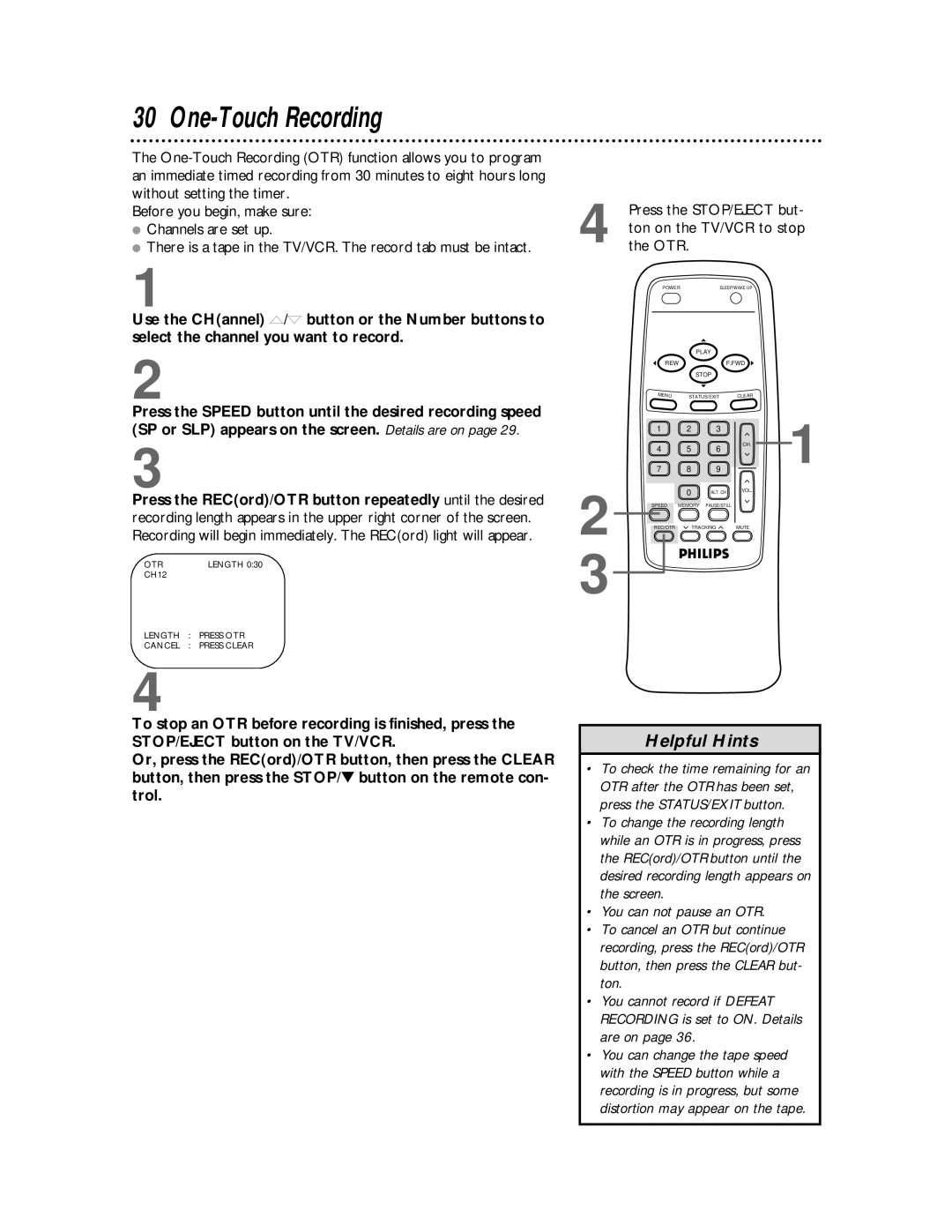 Philips CCB 252AT owner manual One-Touch Recording, Otr 