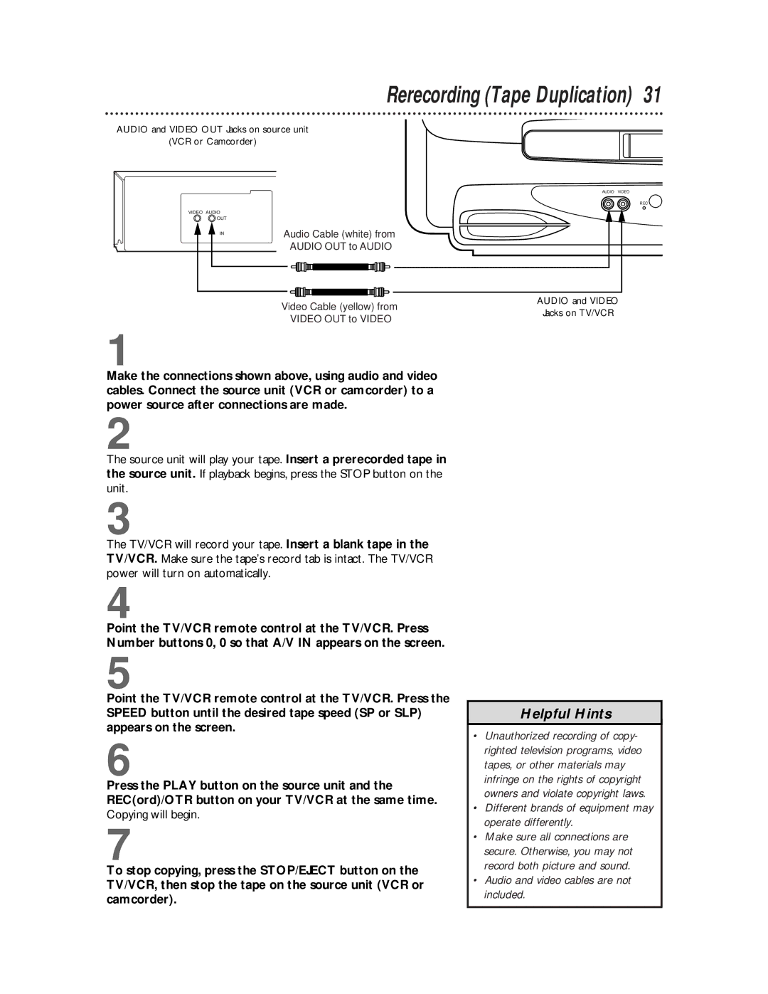 Philips CCB 252AT owner manual Rerecording Tape Duplication, Different brands of equipment may operate differently 