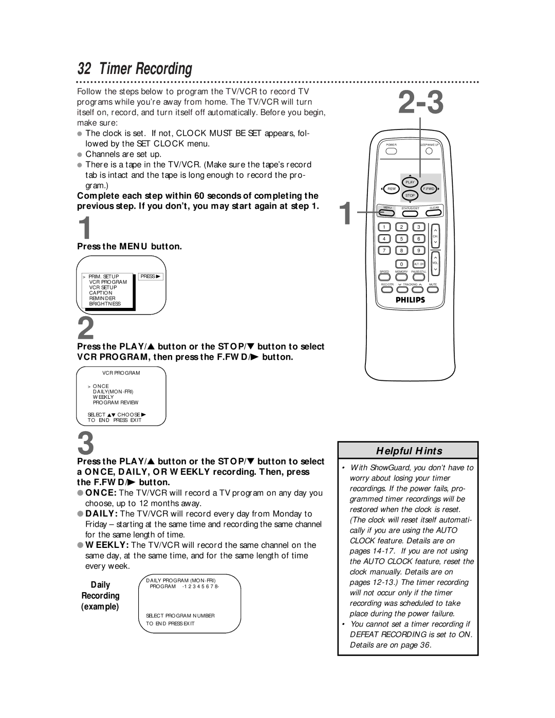 Philips CCB 252AT owner manual Timer Recording, Daily 