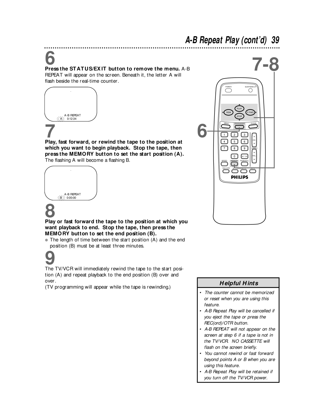 Philips CCB 252AT owner manual Repeat Play cont’d, Press the STATUS/EXIT button to remove the menu. A-B 