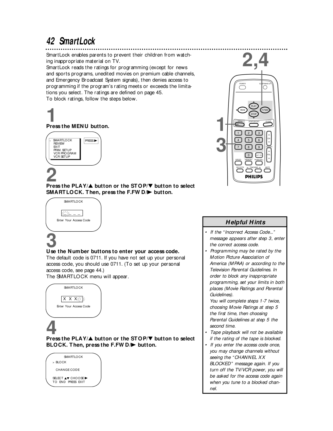 Philips CCB 252AT owner manual SmartLock, Press the Menu button 