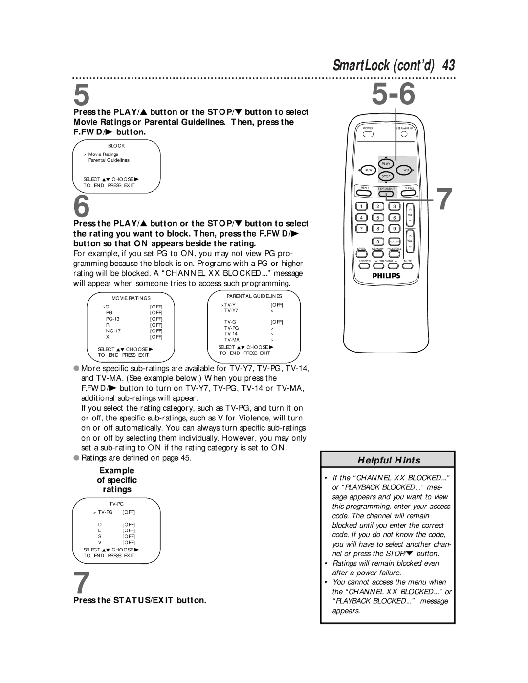 Philips CCB 252AT owner manual SmartLock cont’d, Example Specific Ratings 