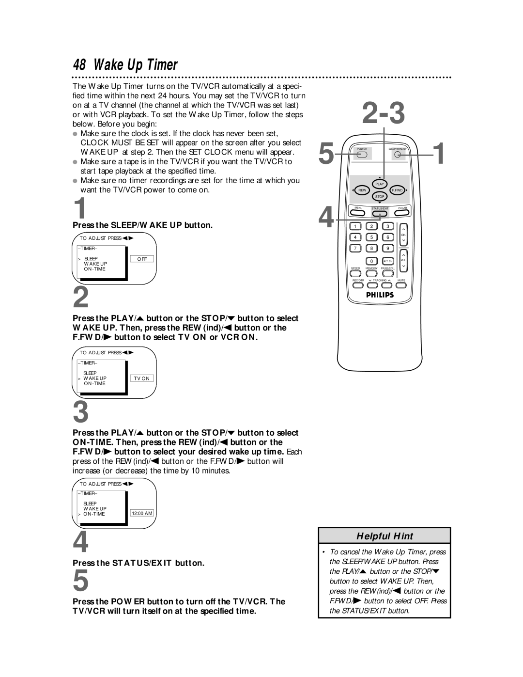 Philips CCB 252AT owner manual Wake Up Timer, Timer Sleep Wake UP TV on ON-TIME 