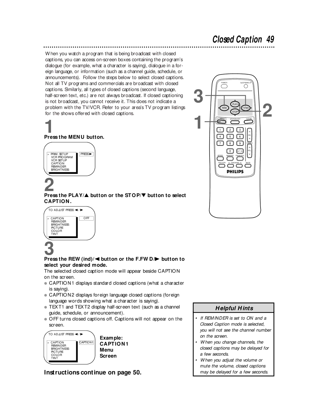 Philips CCB 252AT owner manual Closed Caption, Instructions continue on, Example, Menu, Screen 