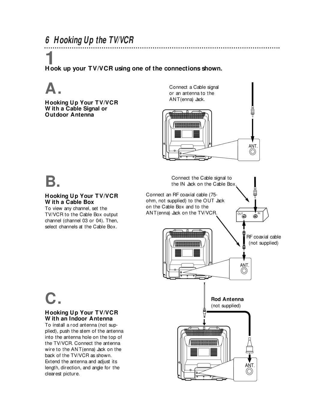 Philips CCB 252AT owner manual Hooking Up the TV/VCR, Hook up your TV/VCR using one of the connections shown, Rod Antenna 