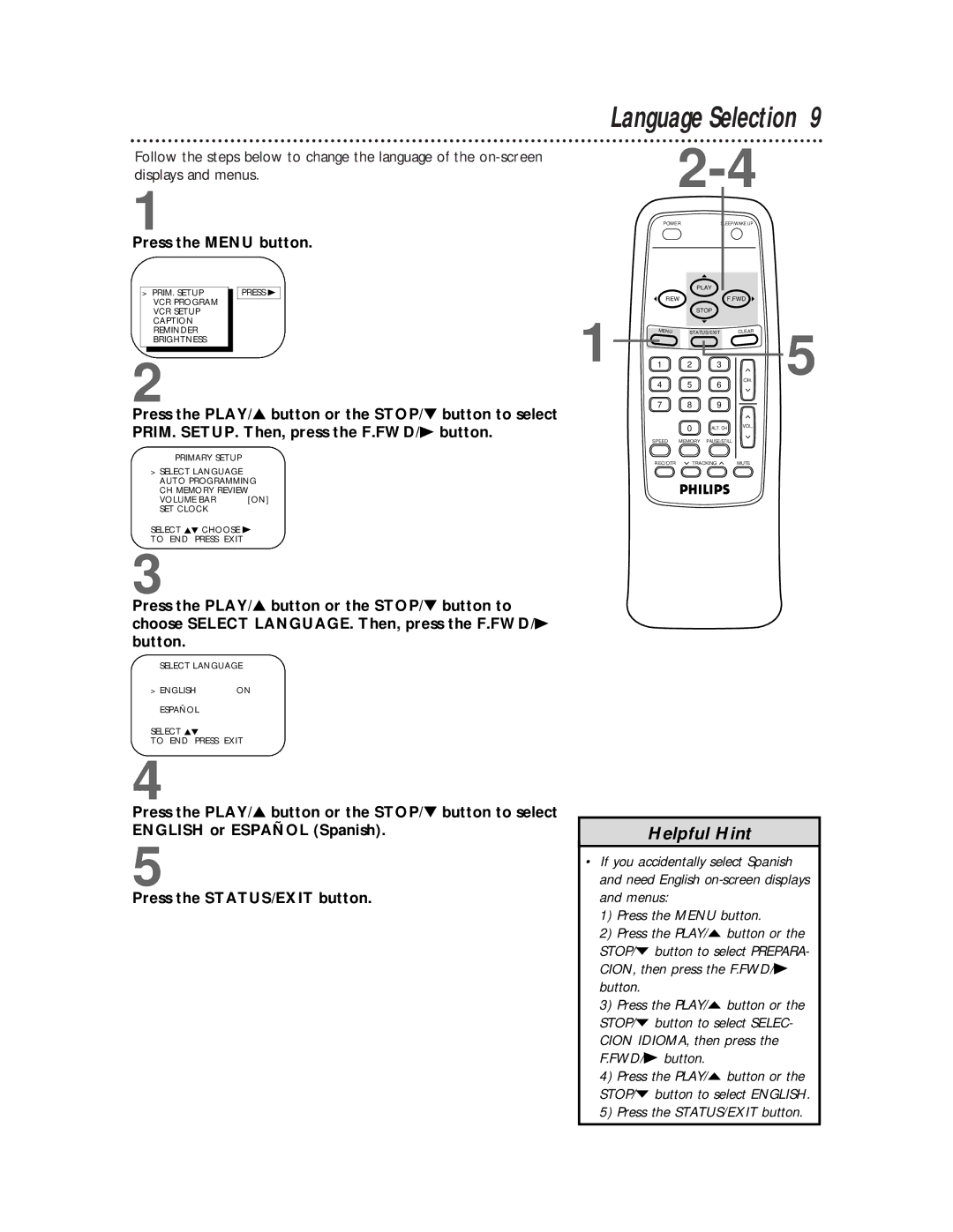 Philips CCB 252AT owner manual Language Selection, Press the Menu button 